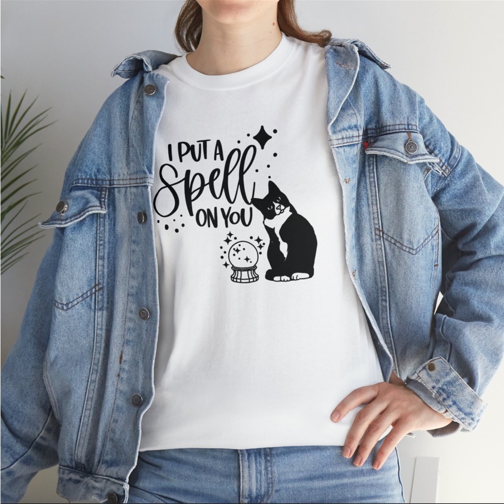 I Put A Spell On You Cauldron Black and White Cat Halloween Short Sleeve Shirt